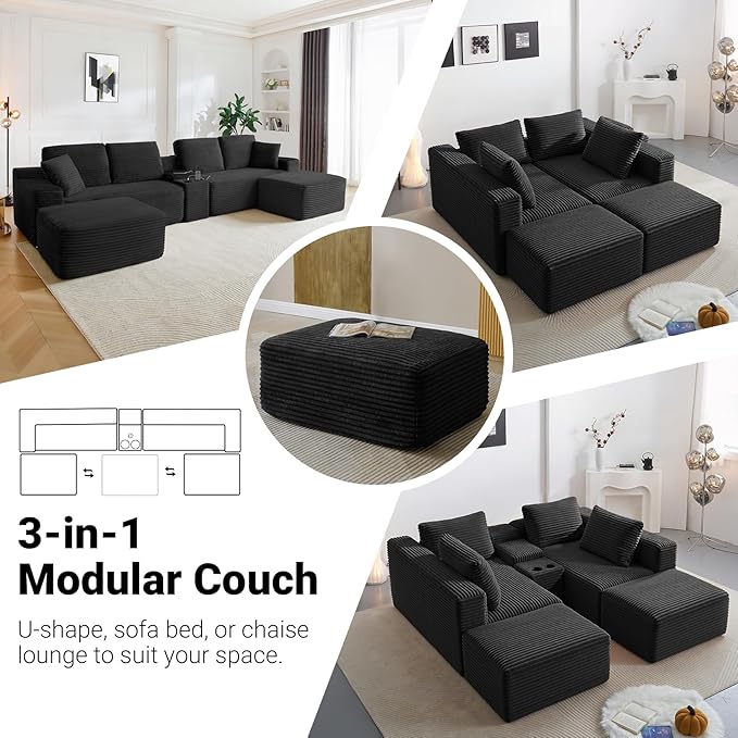 150 Inch Modular Sectional Sofa Couch Oversized Modern Cloud Couch for Living Room U Shape Couches with 2 Ottomans USB Ports and Cup Holders Black Corduroy Boneless Sofas Sofa in a Box