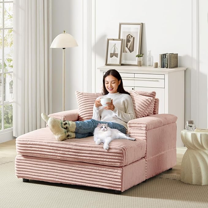 Chaise Lounge Chair Indoor 44 Inch Comfy Corduroy Sectional Cloud Couch Upholstered Single Sofa w/Movable Ottoman for Living Room Bedroom Apartment Pink