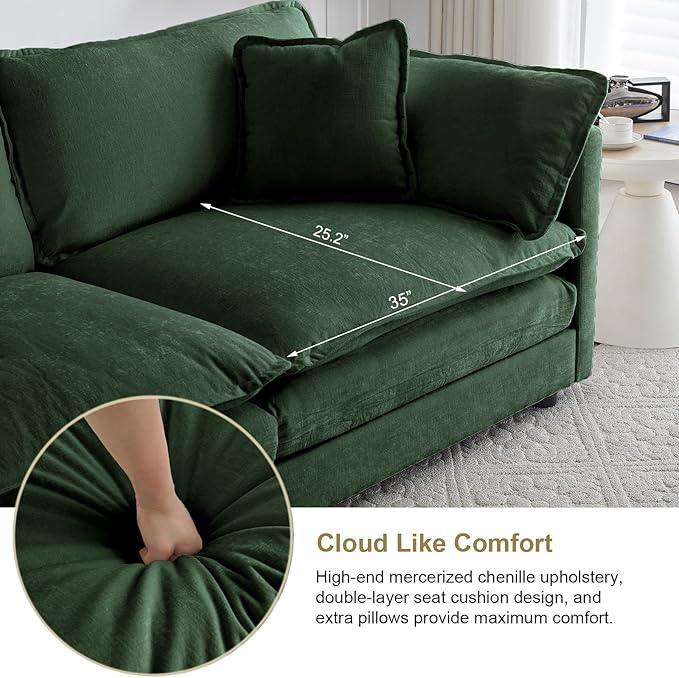 KIVENJAJA Chenille Modular Sectional Couch Modern 3 Seater Comfy Deep Seat Cloud Sofa with 5 Pillows for Living Room Bedroom Office Apartment 111.5”W Green
