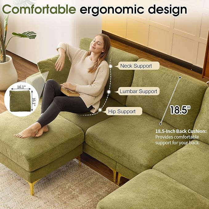VINGLI 100 W U Shaped Couch with Ottoman 22 Deep Seat Comfortable Sectional Couches for Living Room 3 Seater Chenille Fabric Cloud Sofa for Apartment Small Spaces Bedroom Green