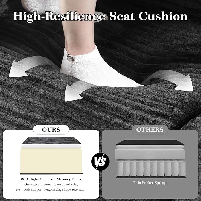 Modular Sectional Sofa with Movable Handrails Straight-Row Boneless Sofa Sectional Couch for Living Room Deep Seat Memory Foam Faux Rabbit Fur Fabric Sofa No Assembly Required(Black)