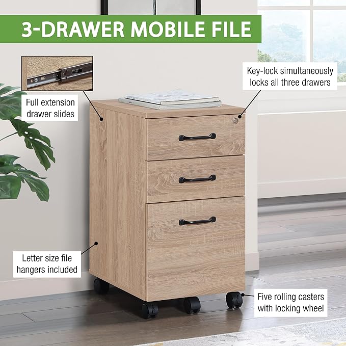 OSP Home Furnishings Ace 3-Drawer Mobile File Cabinet Full Extension Slides Key Lock System Rolling Casters 26.75x19x14 Inches River Oak Wood Finish