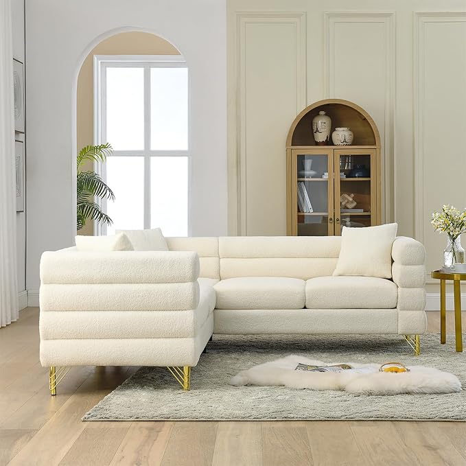 L-Shaped Sectional Couch 81.5 Oversized Corner Sofa Teddy Boucle Comfy Cloud Modern Upholstered Deep Seat Set with Stylish Metal Legs for Living Room Home OfficeApartment White