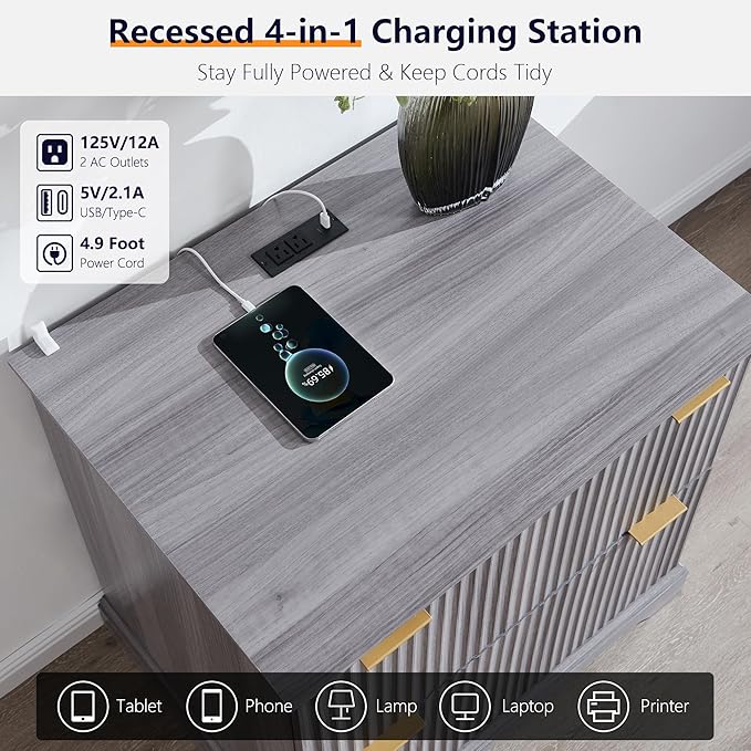 JXQTLINGMU 2 Drawer File Cabinet with Charging Station 30 Fluted Lateral File Cabinet w/Files Hanging Rod for Letter/Legal/A4 Large Tabletop for Printer Office Wood Printer Cabinets Grey