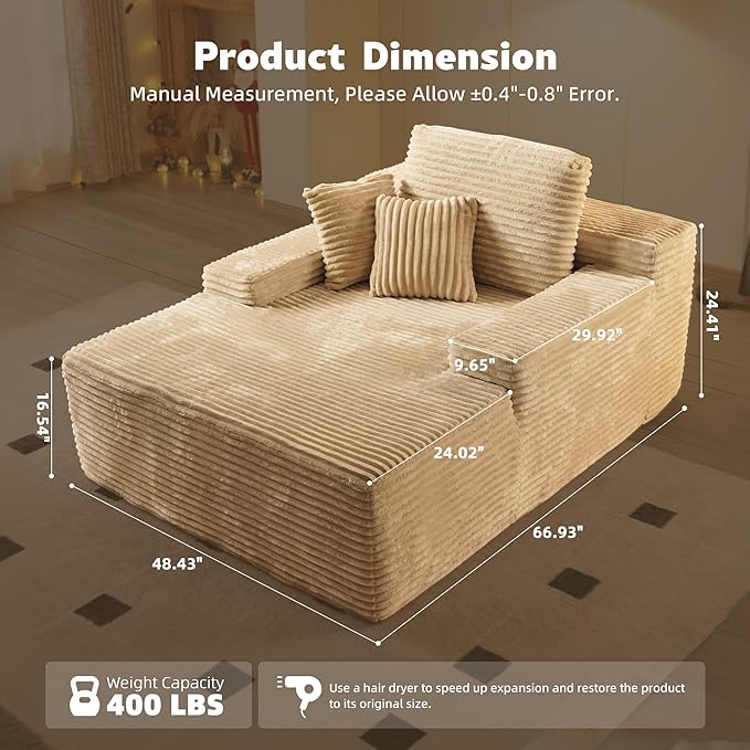 67x48 Oversized Chaise Lounge Chair Indoor Upholstered Sofa Bed with Plush Faux Fur Sleeper Couch Reading Chair Fluffy Cloud Sofa for Living Room Plush Beige