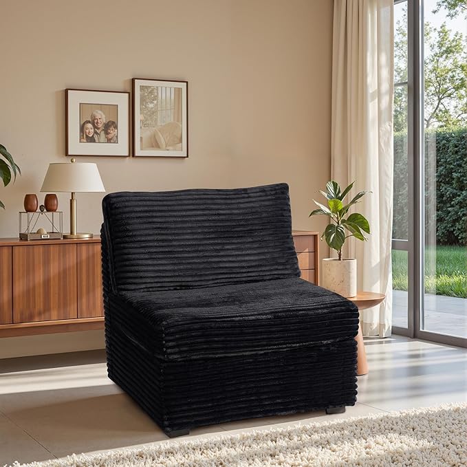 32.7'' Middle Seat for Modular Sectional Sofa Deep Seat Upholstered Armless Chair Sleeper Sofas L/U/V Shaped Plush Corduroy Cloud Couch for Living Room Apartment Black