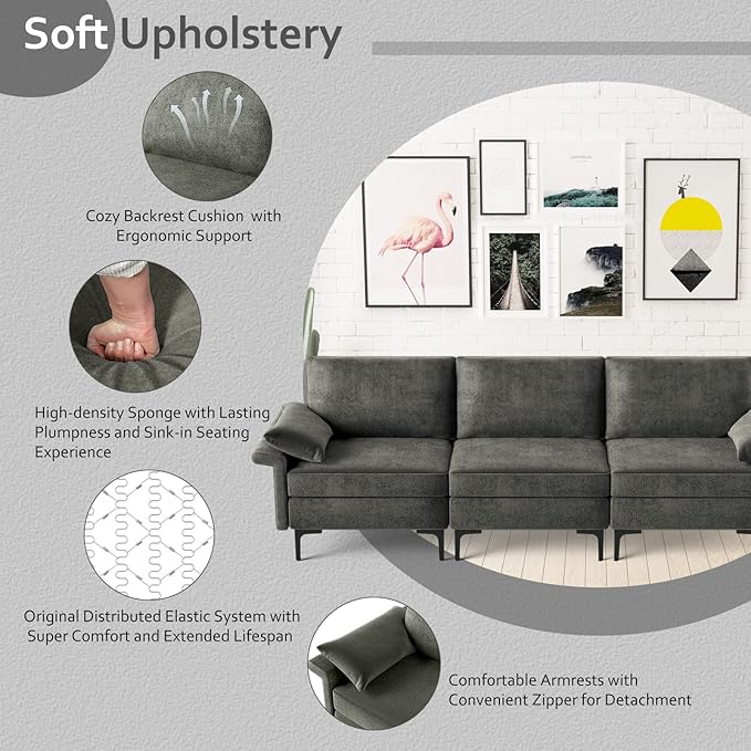 Giantex 3-Seat Sectional Sofa Couch 100.5 L Convertible Sleeper with USB Port &amp Outlet Armrest Cushion Modern Fabric Upholstered Modular Sofa for Living Room Apartment Dorm Reception Room