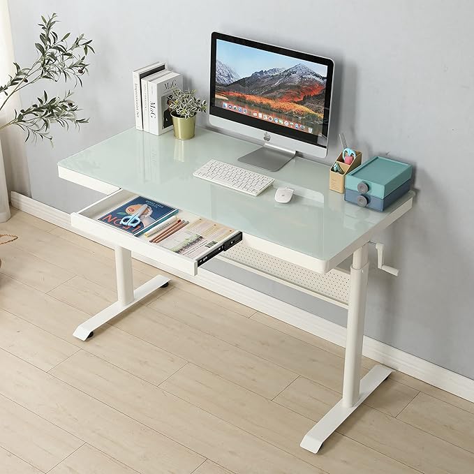 Generic 48 x 24 Inches Tempered Glass Standing Desk with Metal Drawer Adjustable Height Stand up Desk Sit Stand Home Office Desk Ergonomic Workstation White