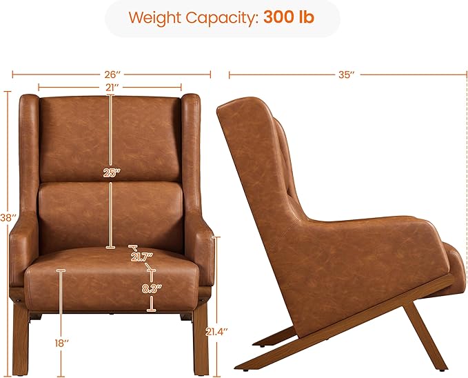 Yaheetech Brown Accent Chair PU Leather Armchair High Wide Backrest Oversized Recliner Chair Thick Seat Cushion for Office Reception Room Reading Nook Brown