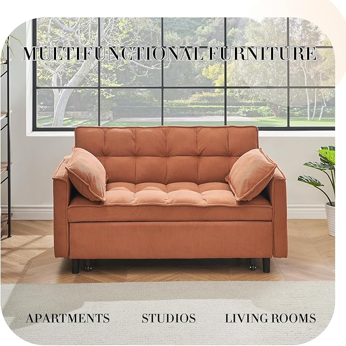 3 in 1 Corduroy Convertible Sofa Bed Pull Out Couch Bed with Reclining Backrest and 2 Pillows 54 Full Size Loveseat Sleeper Sofa Futon Couch Beds Couches for Small Spaces Living Room (Orange)