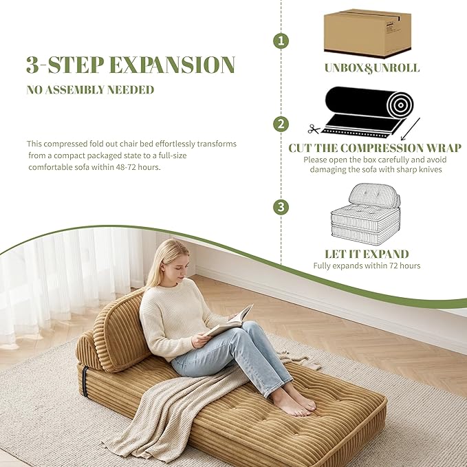 Foldable Sofa Bed in A BoxPortbale Compressed Chair BedCorduroy Convertible Twin Sleeper ChairFull Foam Fold Out Chaise Lounge for Living RoomBedroomApartment (Camel)