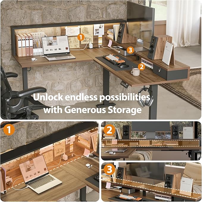 Agilestic L-Shaped Electric Standing Desk 63x55 Inch Ergonomic Adjustable Height Desk with Storage Stand Up Corner Desk Sit Stand Computer Table Power Outlet &amp LED Lights Office Table Dark Wal