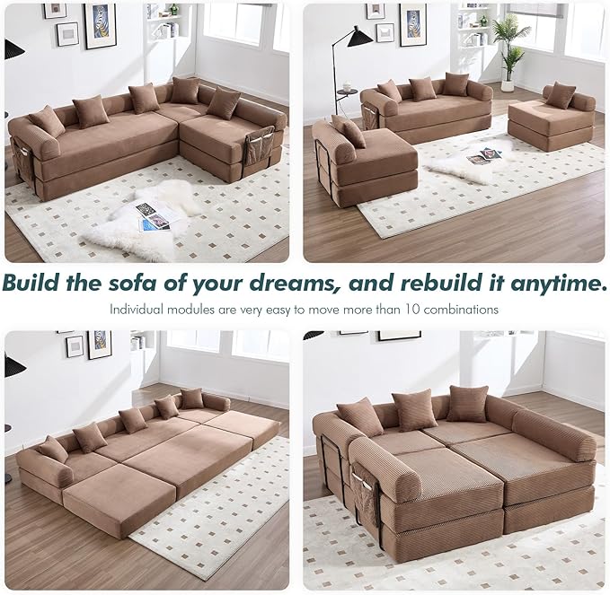 10-in-1 Folding Convertible Sofa Bed 141 Inch Boneless Couch with Fixed-Shape Frame Corduroy Modular Sectional Sofa Mattress Sleeper Sofa Floor Sofa Futon Couch for Living Room (Brown)