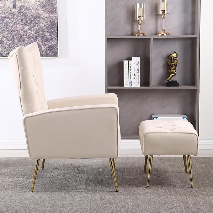 Velvet Accent Chair with OttomanUpholstered Tufted Wingback Arm Chair Modern Decorative Chairs with Gold Metal Legs for Bedroom Living Room (White1 Chair)