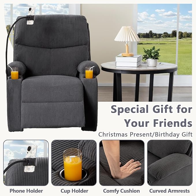 Manual Recliner ChairModern Corduroy Reclining Chairs with Phone Stand &amp Cup HoldersOverstuffed Single Sofa Recliner for AdultsLiving Room Bedroom Home Theater (Dark Grey)