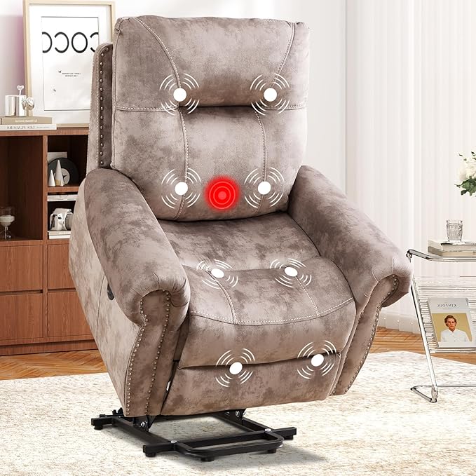 CANMOV Power Lift Recliner Chair with Massage and Heat Soft Fabric Massage Recliner for Elderly Overstuffed Single Reclining Sofa Vintage Rivet Mid-Century Design for Living Room Brown