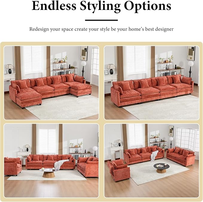 146.5 Orange Modular Sectional Sofa 4 Seater Large Sectional Couches for Living Room Chenille Fabric Oversized Cloud Couch with Ottoman Deep Seat Home Sofas Set Sofá Moderno L Shaped