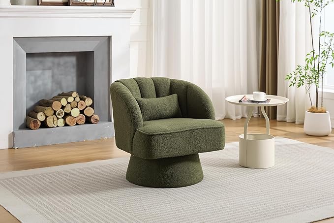 GarveeHome Modern Swivel Barrel Accent Chair 360° Teddy Fabric Upholstered Armchair with Striped Backrest &amp Plush Padding Comfy Round Lounge Chair for Living Room Bedroom Reading Nook Green