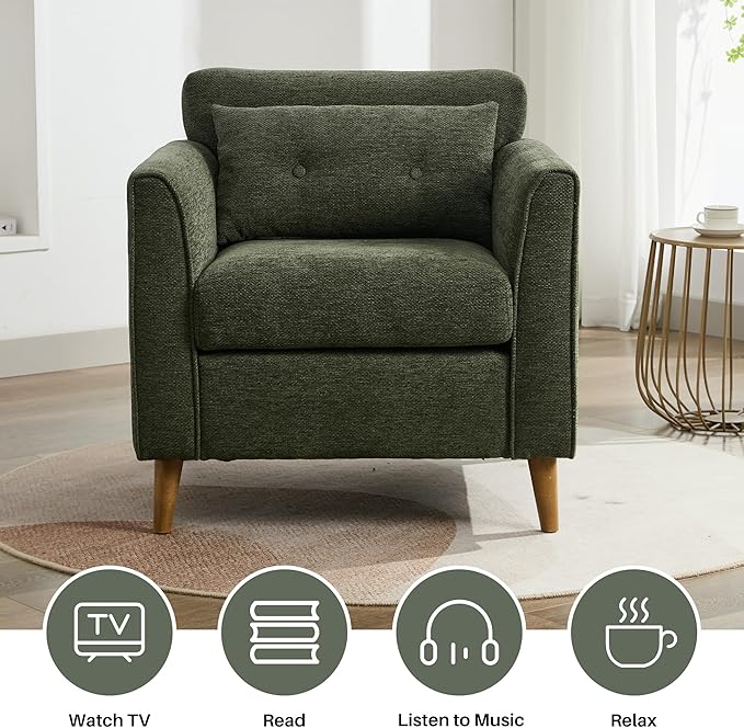 Modern Accent Chair with Wooden Legs Plush Fabric Armchair Cozy Reading Chair for Living Room Bedroom Study (Green Armchair)