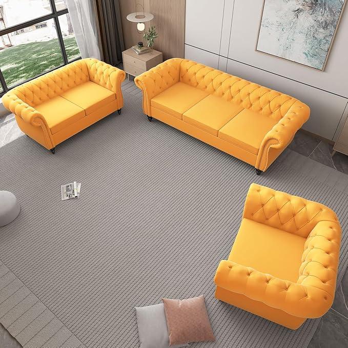 Living Room Chair Modern Velvet Chesterfield Sofa Chair Mid Century Single Sofa Couch Chair with Tufted Back and Rolled Arms Accent Sofa Chair for Living Room Apartment Yellow