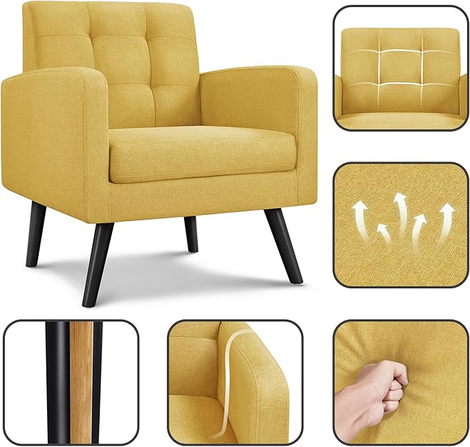 Topeakmart Mid Century Accent Chair Modern and Cozy Barrel Sofa Chair with Thick Cushion and Sturdy Wood Legs for Living Room/Bed Room/Office Waiting Area Yellow
