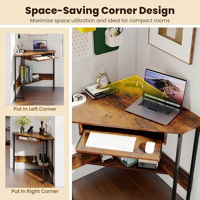 GOFLAME Corner Desk Triangle Computer Desk with Keyboard Tray &amp Storage Shelf Home Office Desk with Built-in Power Outlet Industrial Writing Desk Heavy-duty Space-saving PC Laptop Desk Worksta