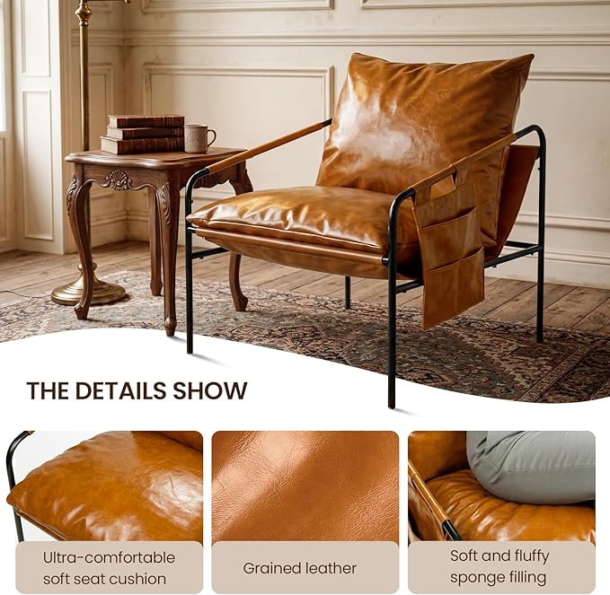 Modern Faux leather Armchair Comfy Accent Chair with Sturdy Metal Frame Wood Armrest And bag Living Room chairs Soft Cushion Lounge couch sofa Chair Oversized Reading chair for Bedroom Patio Porch