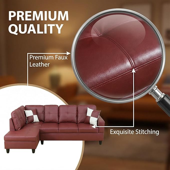 103.5 Inch Modern L-Shaped Couch Faux Leather Sectional Sofa with Chaise Lounge 4-Seater Couch with Accent Pillows for Living Room Apartment Dark Red
