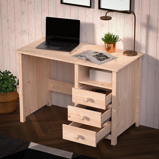 From the Tree Furniture Solid Wood Desk with Drawers – Compact Study Desk for Kids &amp Adults Space-Saving Home Office Writing Table Real Pine Construction