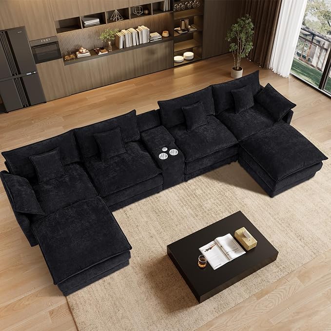 164 Oversized Modular Sectional Sofa Modern U Shaped Cloud Couch 6 Seat Sofa Set for Living Room Comfy Chenille Deep Seat with Storage Central Console Movable Ottomans Cup Holders USB Ports Black