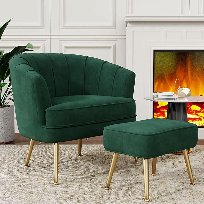 Andeworld Velvet Accent Chair with Ottoman Upholstered Modern Single Sofa Side ChairComfy Barrel Club Living Room Armchair with Golden Metal Legs for Bedroom Living Reading Room Office Green