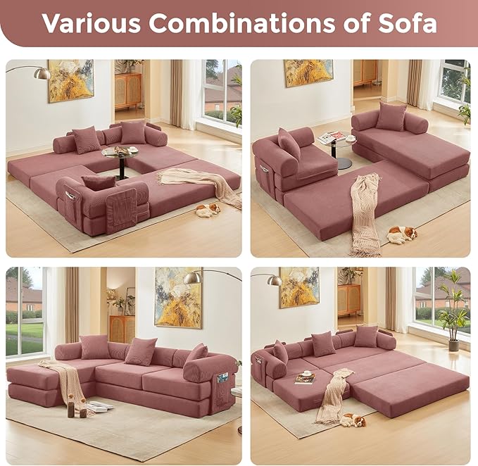 L Shaped Convertible Modular Boneless Sofa Bed with Cylindrical Pillow Corduroy Folding Floor Sofa Couch Bed with Fixed-Shape Frame &amp Storage Pocket for Living Room Pink