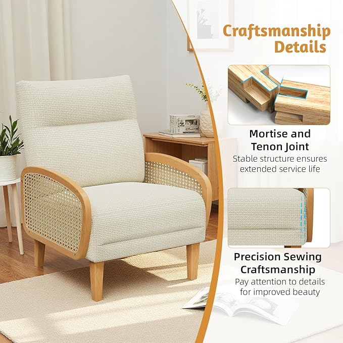 Rattan Accent Chair Arm Chair with High Resilience Cushion Armchair with Sturdy Ash Wood for Living Room Beige