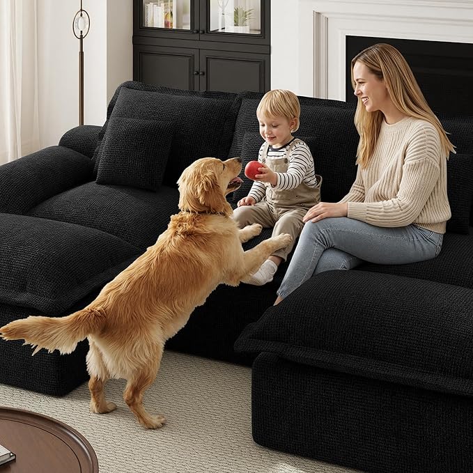 Modular Sectional Sofa 107'' Boneless Couches for Living Room 5-Seat Sofa with 2 Ottomans Cloud U Shaped Couch No Assembly Required Chenille Black