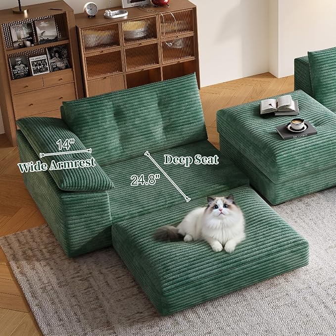 109.5 Loveseat Sofa with Ottoman Corduroy L Shape 3 Seater Couch Modular Sectional Couch for Living Room Small Spaces Apartment No Assembly Required Green
