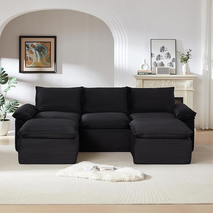 DEINPPA U Shape Modular Couch with Ottoman 5 Seat Cloud Sofa with Deep Seat for Living Room Apartment Corduroy Upholstered Comfy Couch-Black