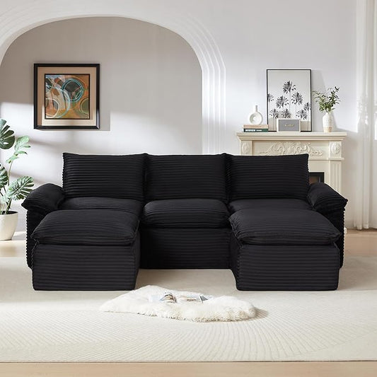 DEINPPA U Shape Modular Couch with Ottoman 5 Seat Cloud Sofa with Deep Seat for Living Room Apartment Corduroy Upholstered Comfy Couch-Black