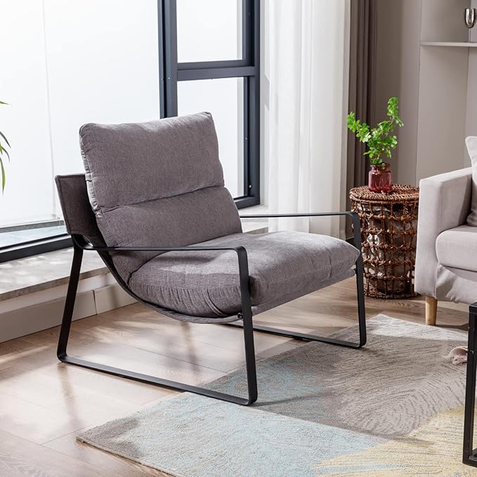 HEAH-YO Modern Accent Chairs Set of 2 Linen Fabric Living Room Chairs with Removable Cushion and Solid Metal Frame Comfy Reading Chairs for Bedroom Grey