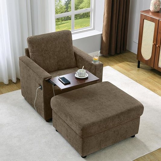 Modern Accent Chairs with Storage Ottoman Set Chenille Reading Armchair with Tray Table and Charging Ports Comfy Chaise Lounge Chair for Living Room Bedroom Reading Nook Brown