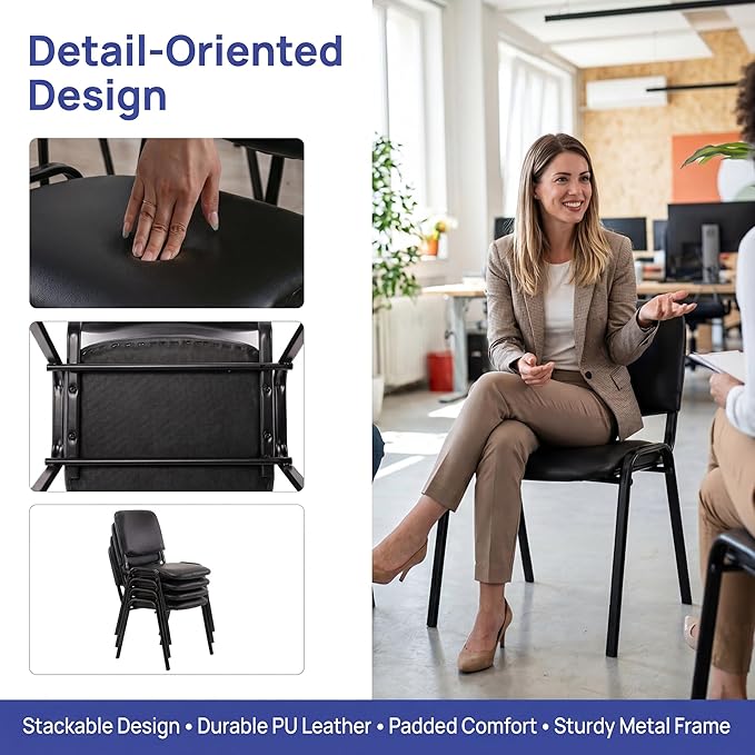 Stackable PU Leather Office Chairs Set of 20 Armless Conference Room Guest Chairs No Wheels Sturdy Metal Frame Waiting Room Reception Chairs for Office Meeting Lobby Black