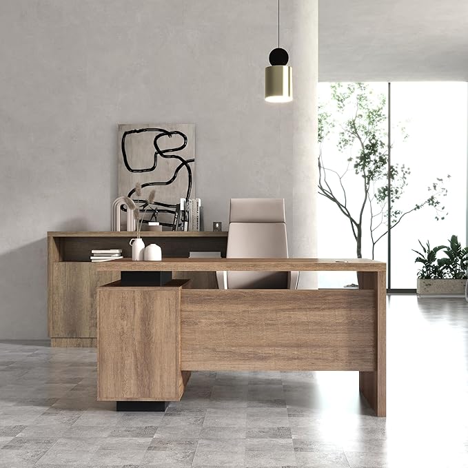 Modern Executive Desk with Lateral File Cabinet Sleek Office Stand Up Desk for Home Office Computer Desks Drawers Workstation Walnut