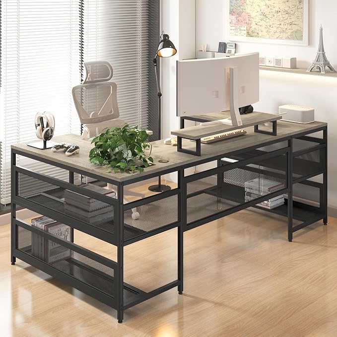 Penau U Shaped Computer Desk with LED Strip L Shaped Desk with Storage Shelves Vintage Style Home Office Gaming Desk