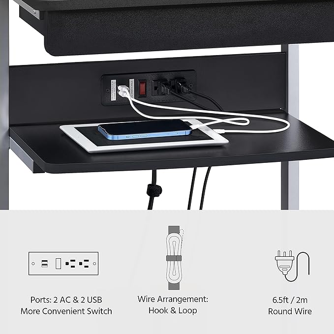 Yaheetech 22 in Laptop Computer Table Home Office Desk with Power Outlet for Small Space Mobile Compact Corner Workstation with Charging Station and USB Ports on Wheels Student Writing Table Black