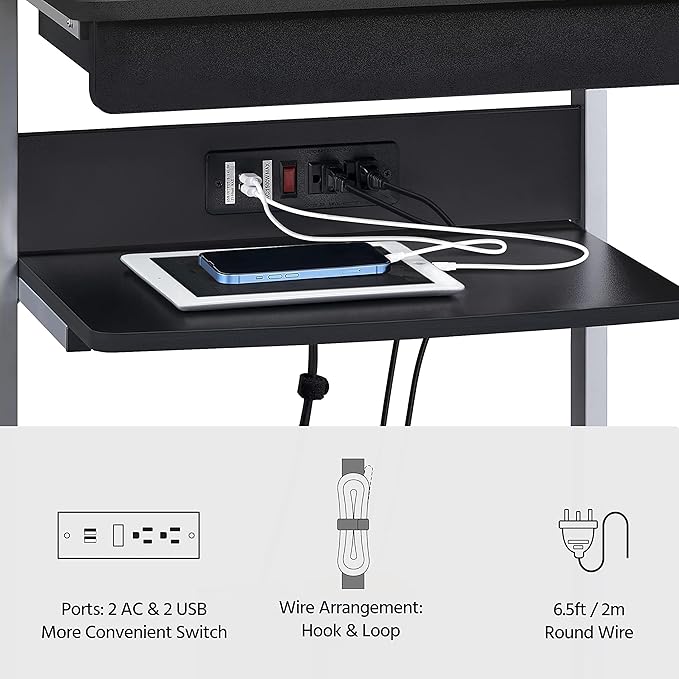 Topeakmart Mobile Laptop Desk Compact Computer Table on Wheels with Power Outlet and USB Ports Home Office Writing Desk with Charging Station and Printer Shelf Small Desk 22in for Space Saving Black