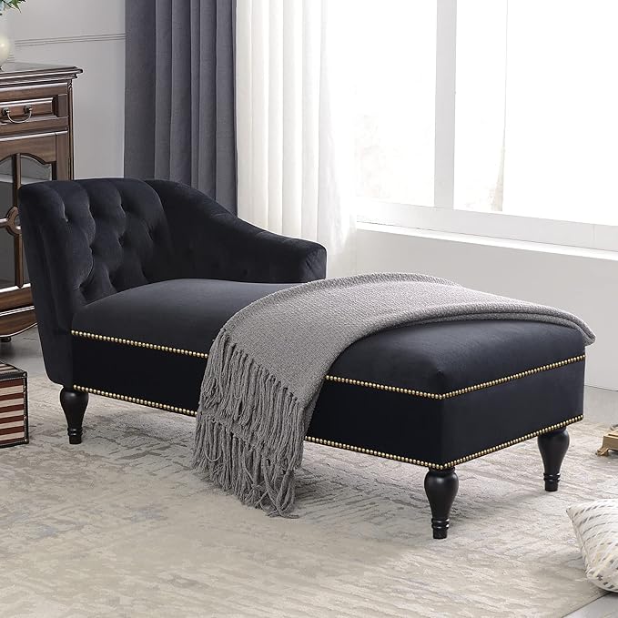 58'' Chaise LoungeButton Tufted Right Arm Facing Lounge Chair with Nailhead Trim &amp Solid Wood Legs for Living Room or OfficeSleeper Lounge Sofa