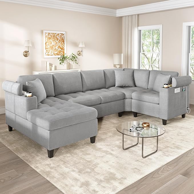 Merax 115.7 U-Shaped Chenille Sectional Sofa 4 Seat Corner Couch Oversized with Built-in Cup Holders 3 Pillows Storage Space for Living Room Light Grey