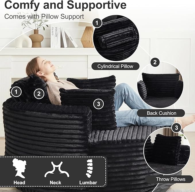 55 Oversized 360 Degree Swivel Chair Modern Round Chair Lounge Upholstered Corduroy Swivel Accent Chair with Deep Seat Comfy Fluffy Sleeper Sofa for Living Room Bedroom Apartment (Black)