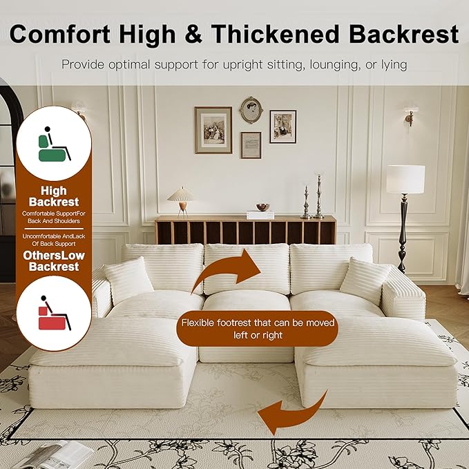 108'' Modular Sectional Sofa with Ottoman Corduroy Cloud Sectional Couches for Living Room High-Back Modern L Shaped Boneless Couch Deep Seat 3 Seater Sofa No Assembly Required Beige