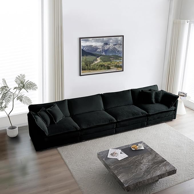 healthomse Chenille Two-Seater Sofa with 1 Footrest 2 Seater L-Shaped Sectional with Ottoman sectional couches for Living Room Chenille (Black 4-Seat)