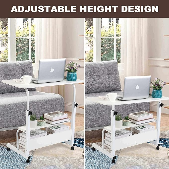 Home Office Desk Movable Bedroom Adjustable Table Modern Laptop Computer for Living Room Couch Portable Small Spaces with Wheels Storage Furniture Study 31.5 * 15.7 White